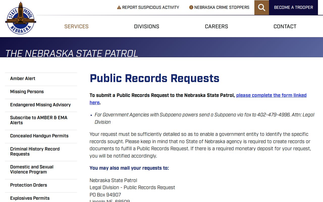 Nebraska State Patrol request channel for Fillmore County arrest records