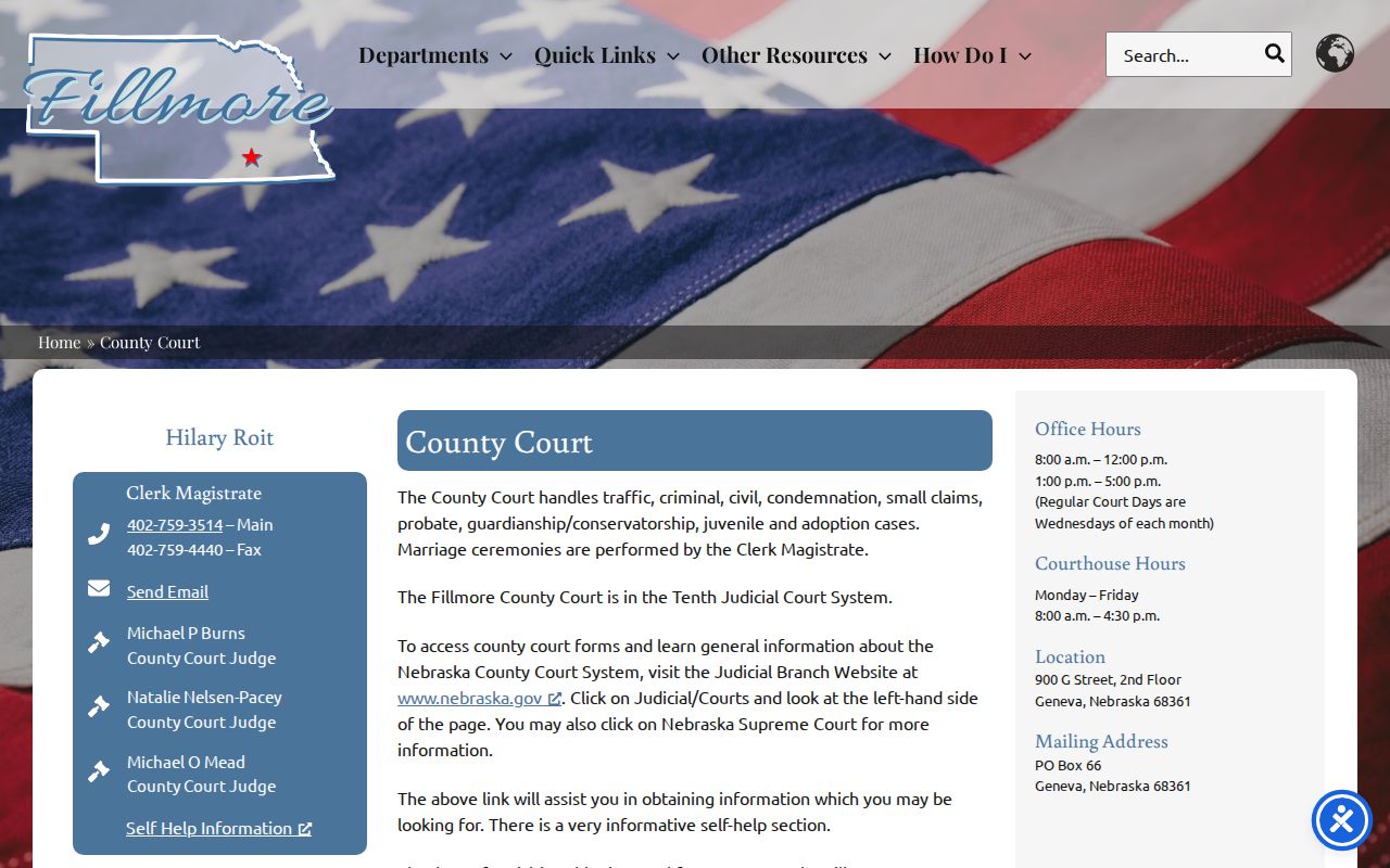 Fillmore County court case lookup source for County Court contacts