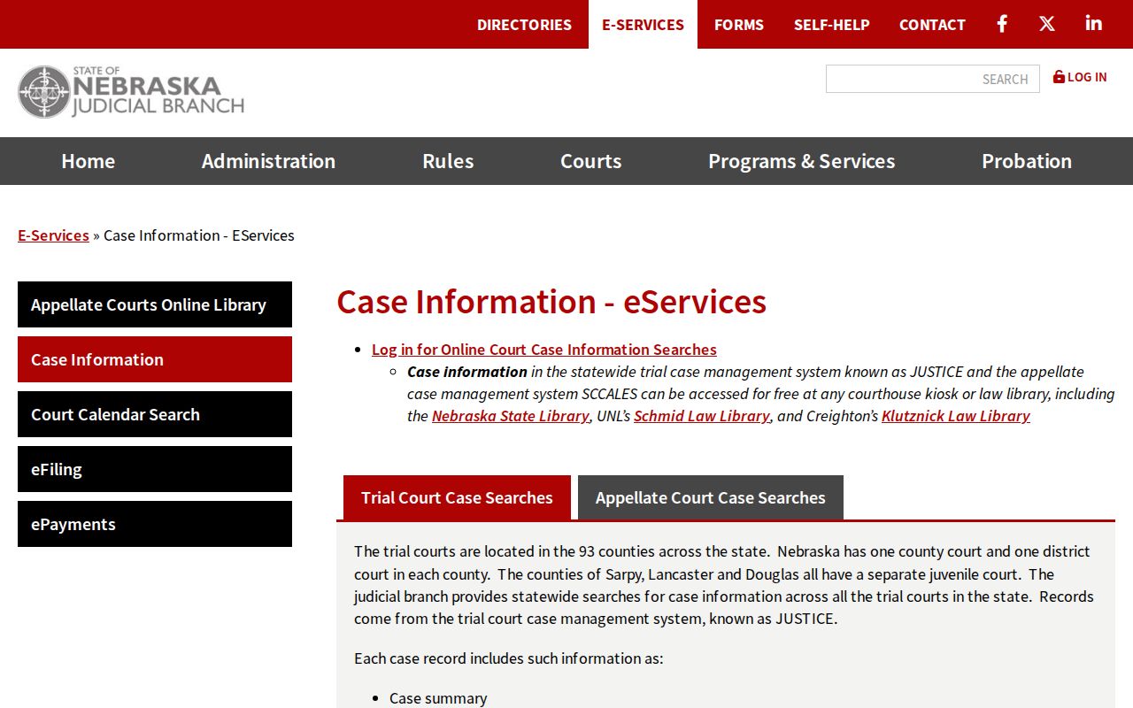 Fillmore County court case lookup choices and JUSTICE search fees
