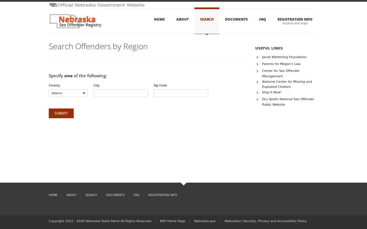Fillmore County region fields in the Nebraska sex offender registry