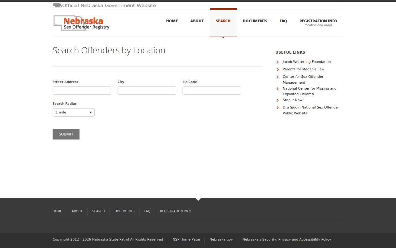 Address radius fields for a Fillmore County offender search