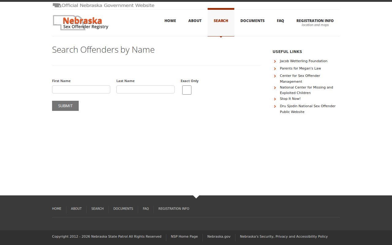 Nebraska name form for a Fillmore County sex offender lookup